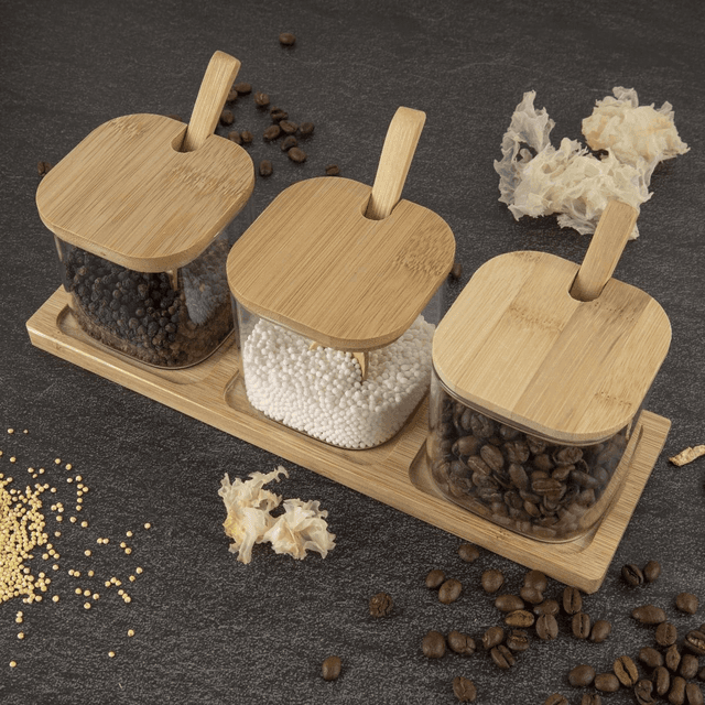 3-Piece Bamboo and Glass Trio Kitchen Jar Set with Serving Spoons and Tray (Square) 0.4L