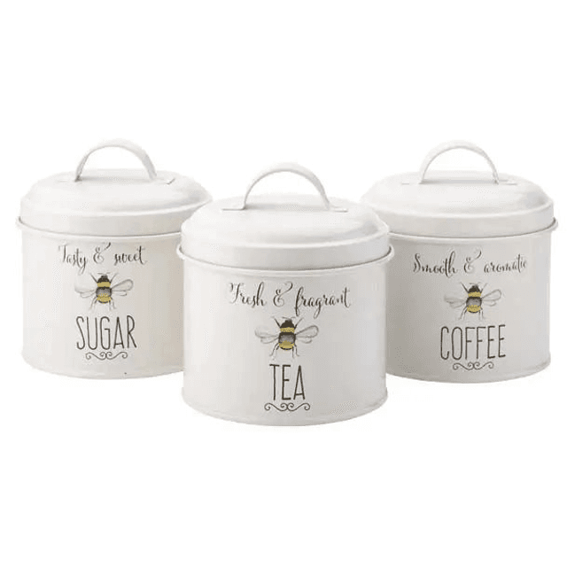 Set of 3 &#039;Bee Happy&#039; Tea Coffee Sugar Tins Airtight Kitchen Storage Canisters