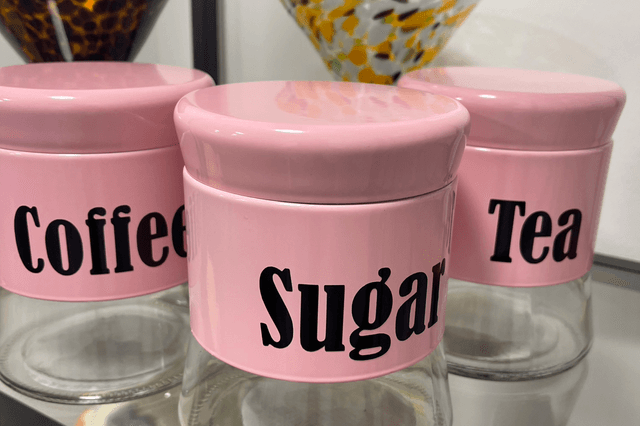 Set of 3 pink steel wrap tea coffee sugar canister 
